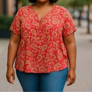 My Danielle Red Paisley Print Plus Size Sheer Shirt Size XXL